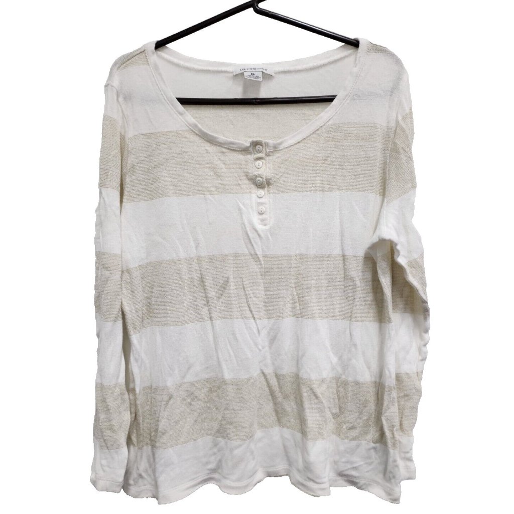 Liz Claiborne Womens Sweater Xl Beige White Metallic Striped Henley Pullover